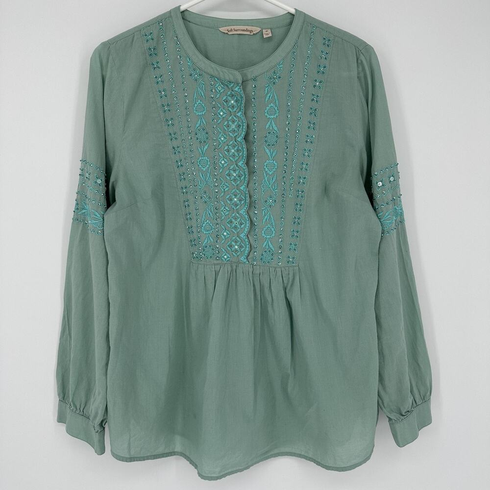 Soft Surroundings Blouse Womens Medium Green Embroidered Sequin Boho Top Tunic